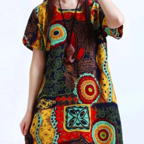 Cotton Pattern Printed Short Sleeve O-Neck Dresses - Picture 1 of 4